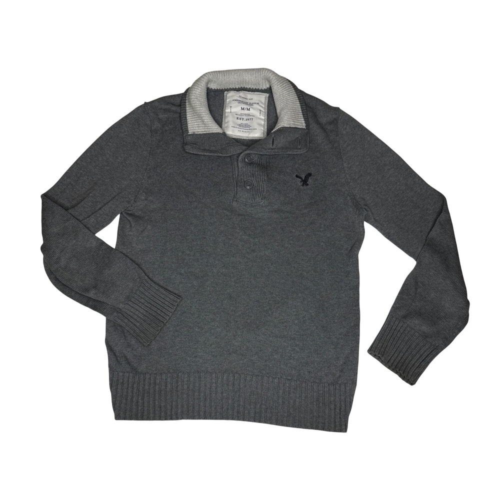 American Eagle Sweater Mens M Gray Cotton Mock Neck Button Pullover Knit Classic